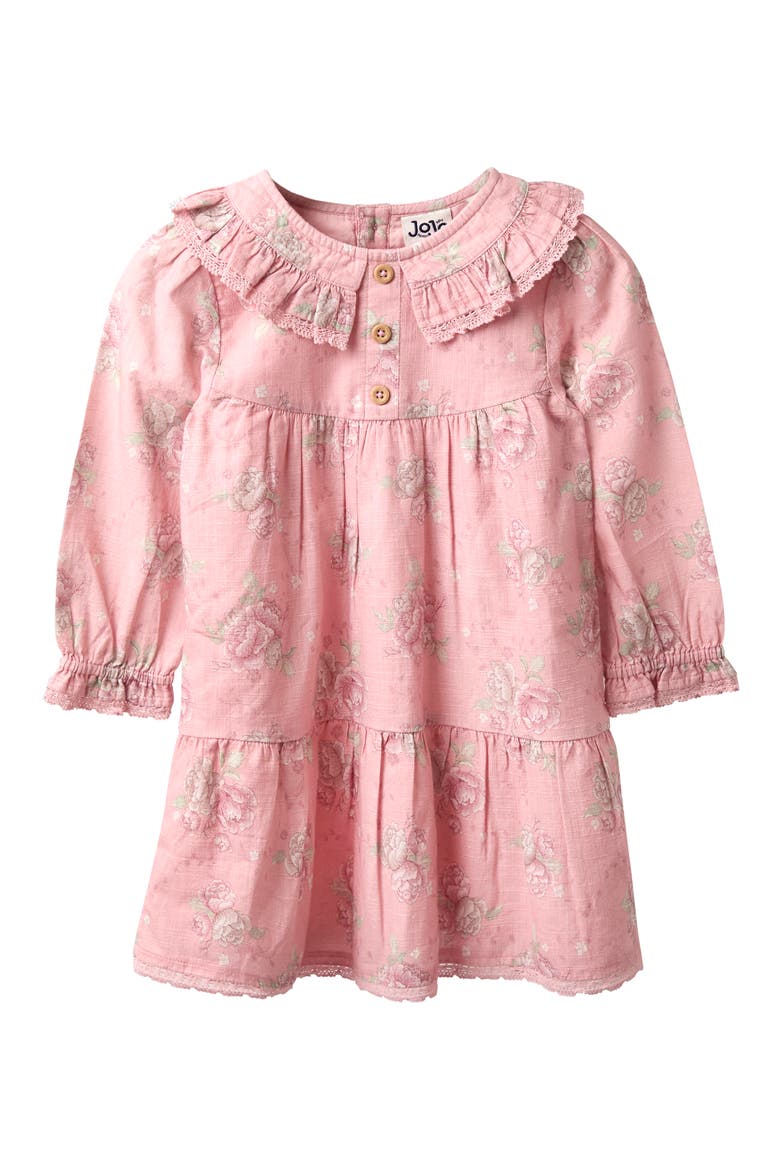 Rose Print Long Sleeve Cotton Tiered Dress, Main, color, PINK