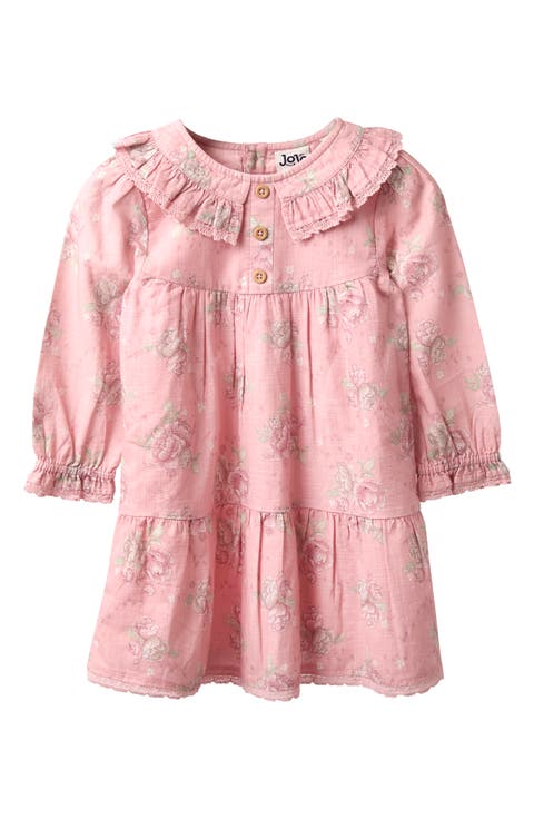 Rose Print Long Sleeve Cotton Tiered Dress (Baby)