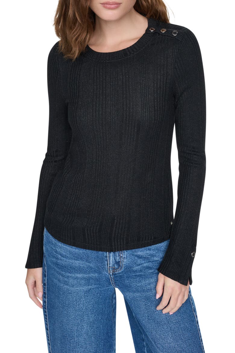 Ribbed Button Detail Sweater, Main, color, BLACK