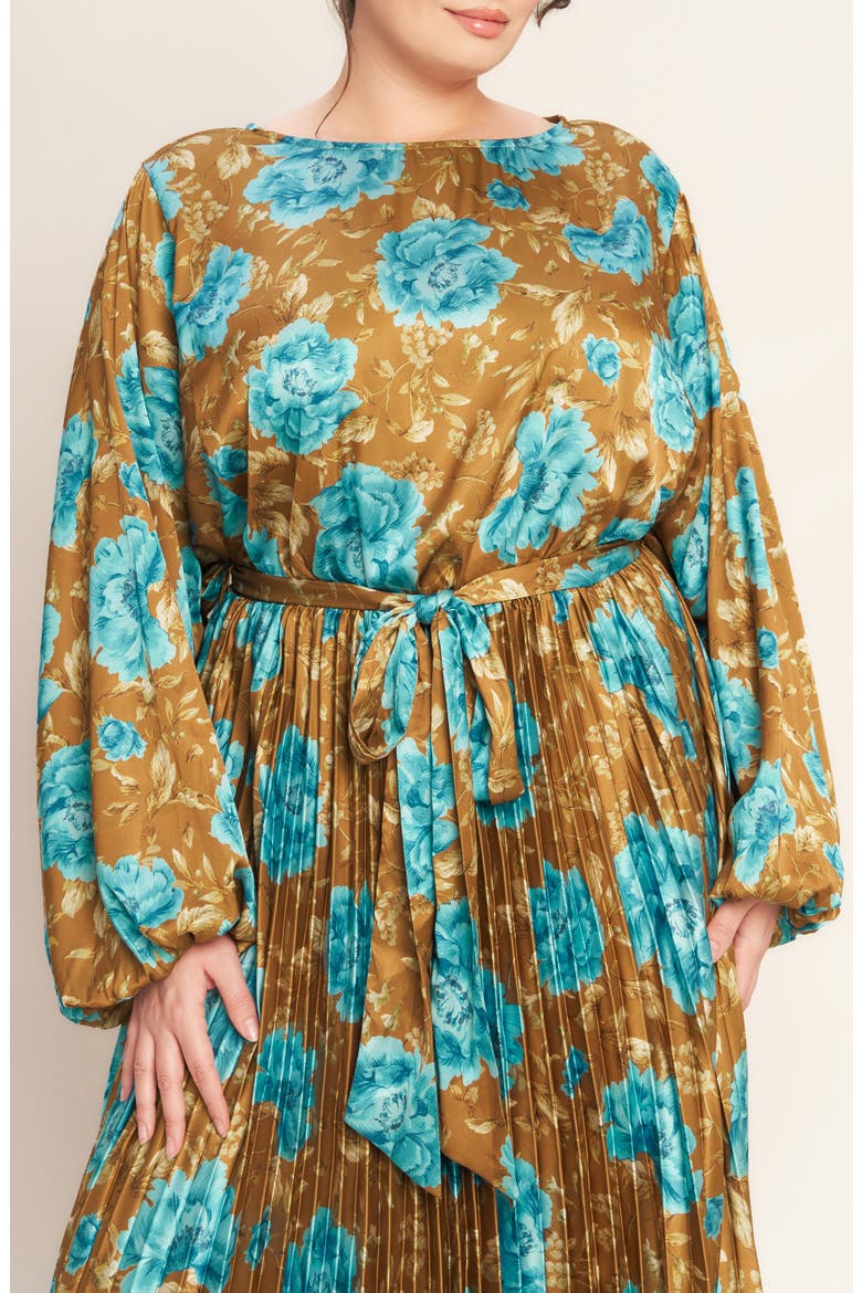 Floral Long Sleeve Pleated Maxi Dress, Alternate, color, DIJON