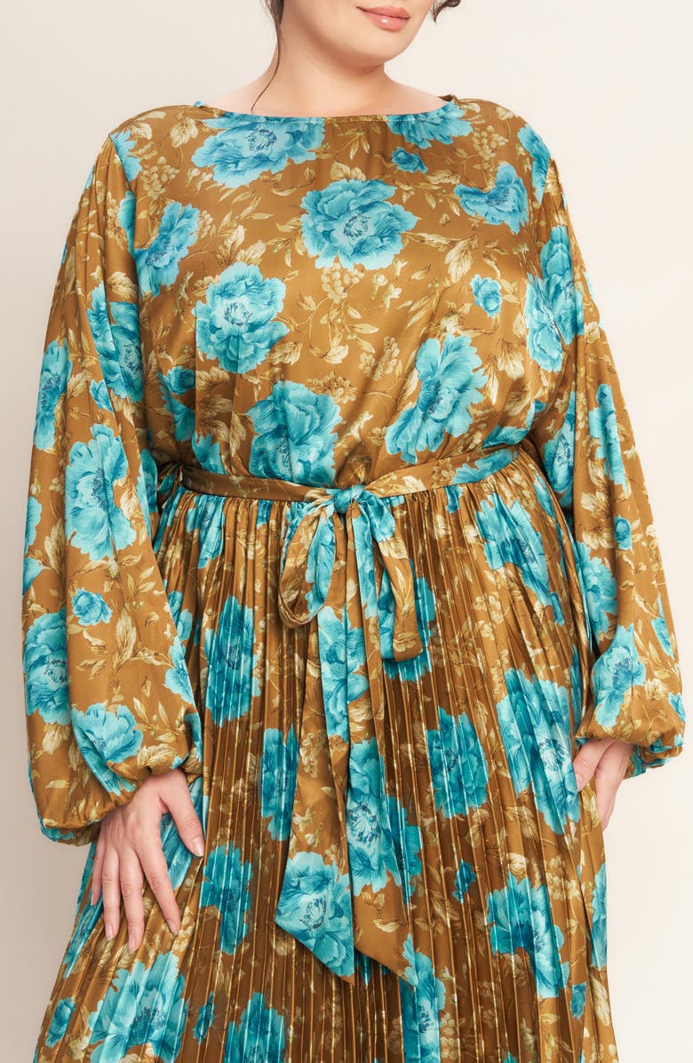 FLYING TOMATO Floral Long Sleeve Pleated Maxi Dress, Alternate, color, Dijon