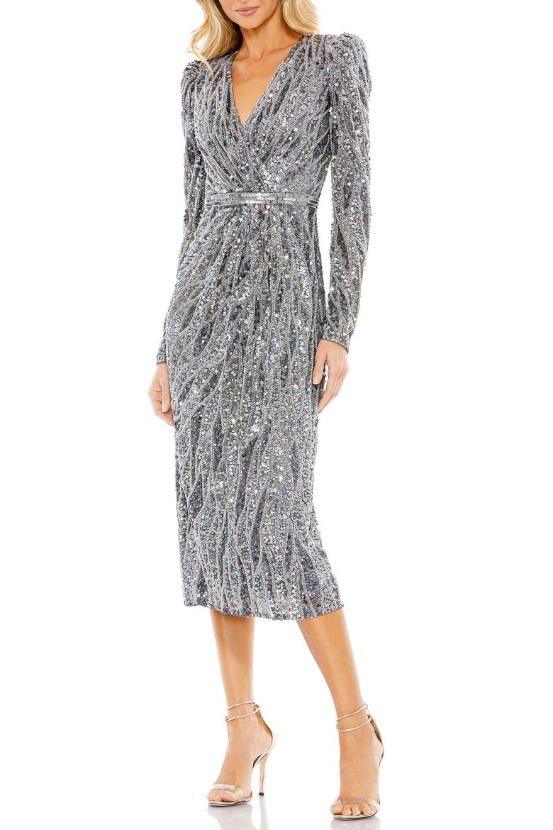 Long Sleeve V-Neck Beaded Cocktail Dress, Main, color, CHARCOAL