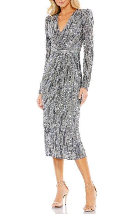 Long Sleeve V-Neck Beaded Cocktail Dress