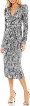Mac Duggal Long Sleeve V-Neck Beaded Cocktail Dress