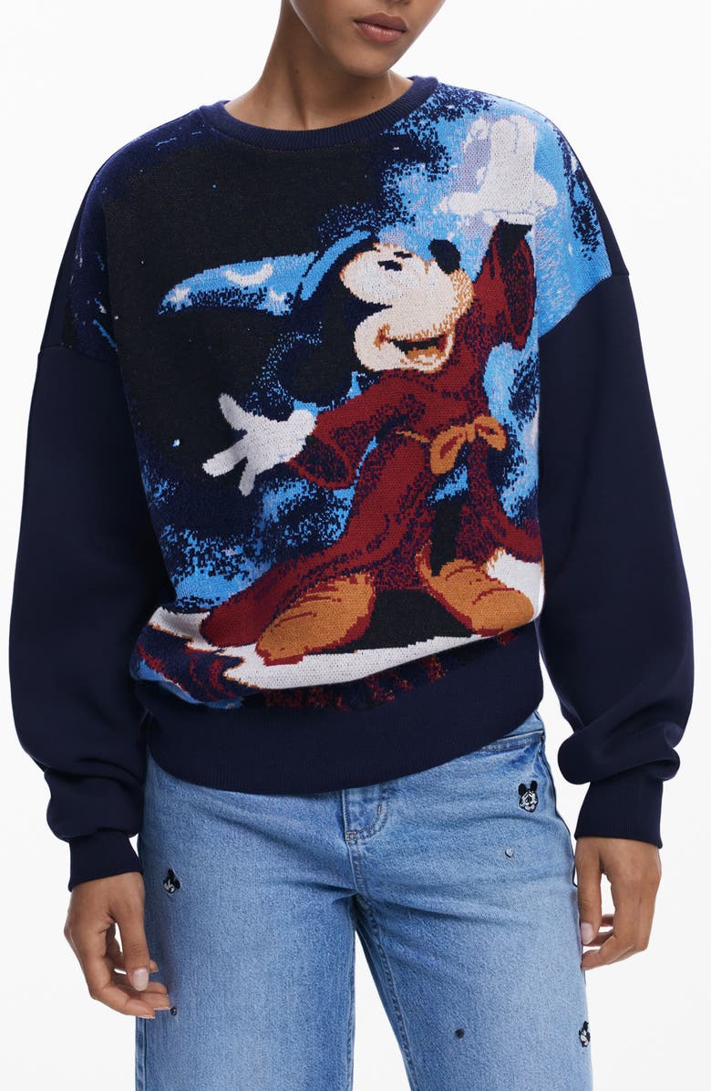 Desigual Mickey Mouse Jacquard Crewneck Sweater, Main, color, Navy Blue