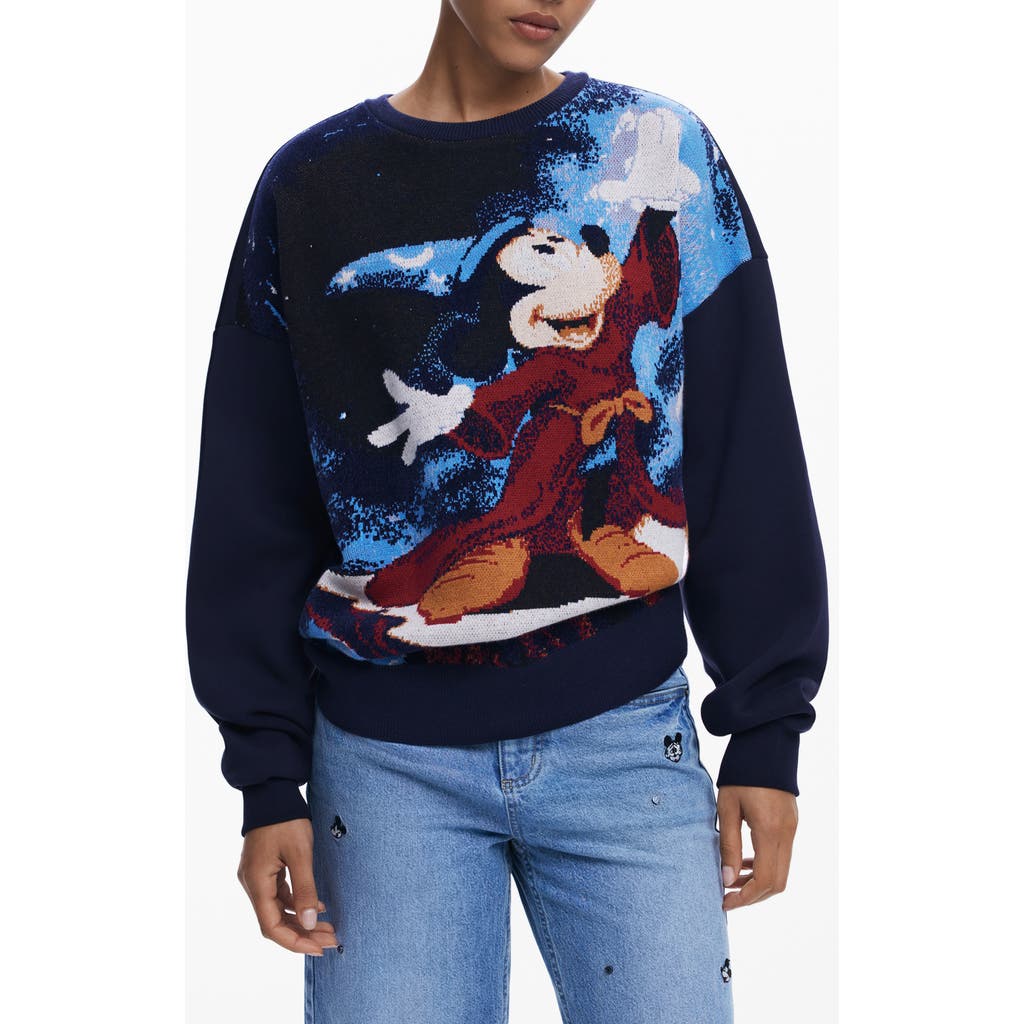 Desigual Mickey Mouse Jacquard Crewneck Sweater In Blue