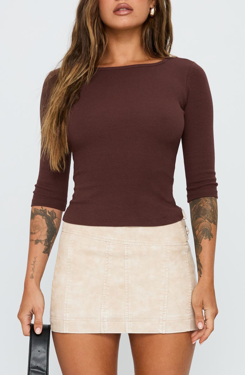 Princess Polly Elaia Three-Quarter Sleeve Crop Top, Main, color, Chocolate