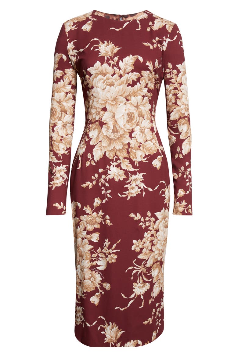 Rose Print Long Sleeve Stretch Silk Charmeuse Sheath Dress, Alternate, color, ROSE