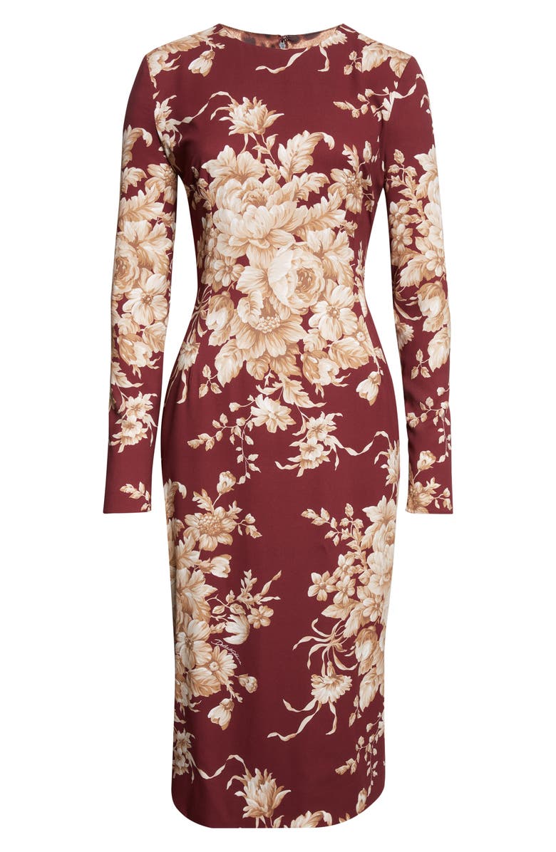 Dolce&Gabbana Rose Print Long Sleeve Stretch Silk Charmeuse Sheath Dress, Alternate, color, Rose