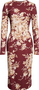 Dolce&Gabbana Rose Print Long Sleeve Stretch Silk Charmeuse Sheath Dress