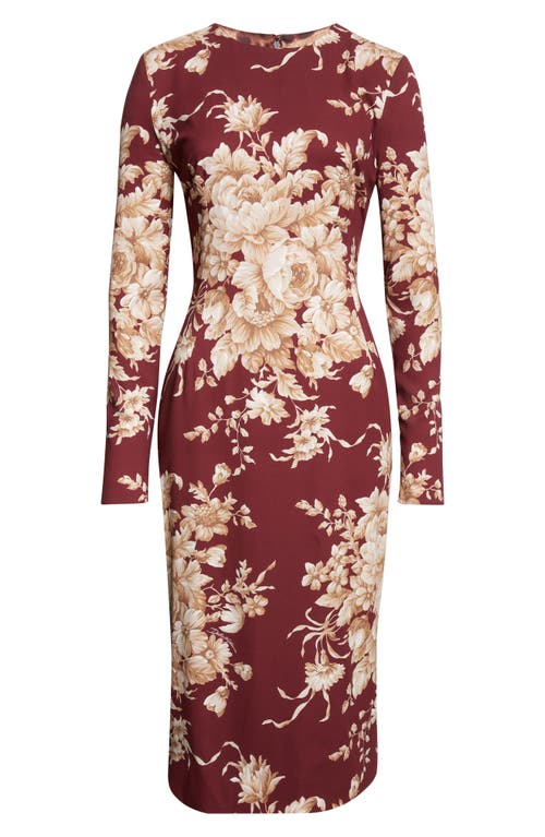 Dolce & Gabbana Dolce&gabbana Rose Print Long Sleeve Stretch Silk Charmeuse Sheath Dress In Pink