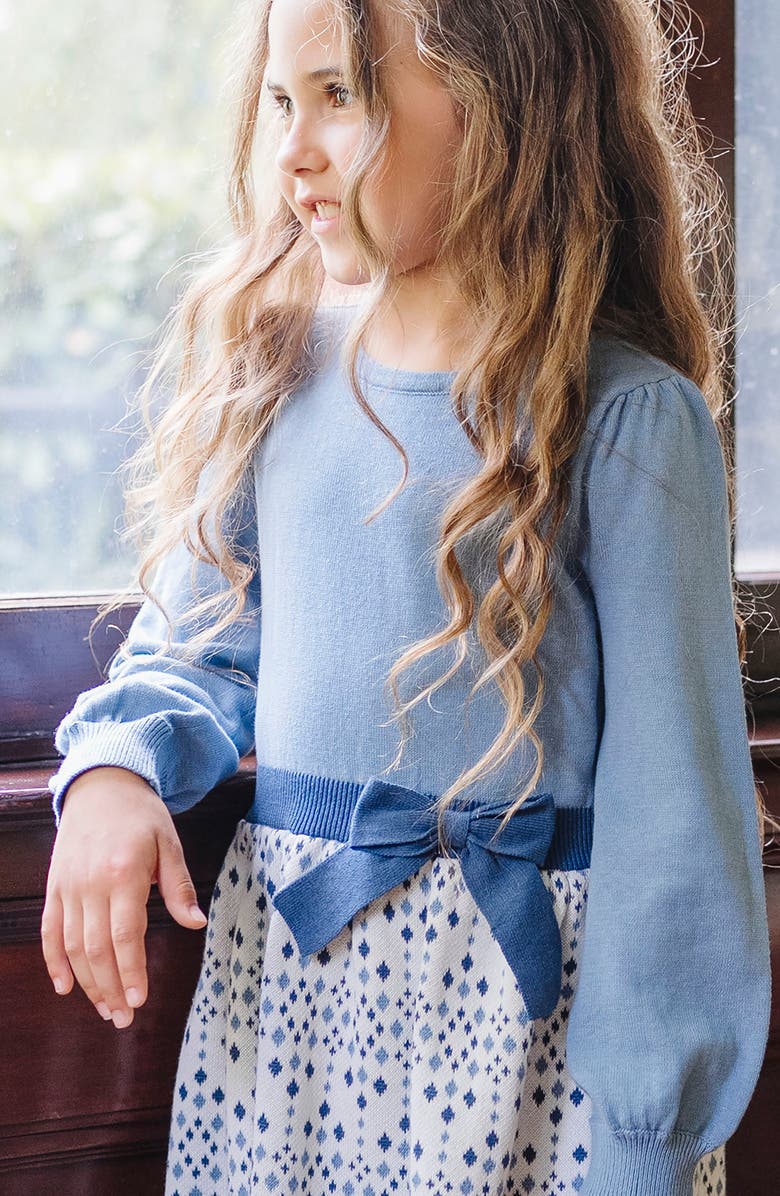 Hope & Henry Kids' Organic Long Sleeve Skater Sweater Dress with Bow, Alternate, color, Twilight Intarsia