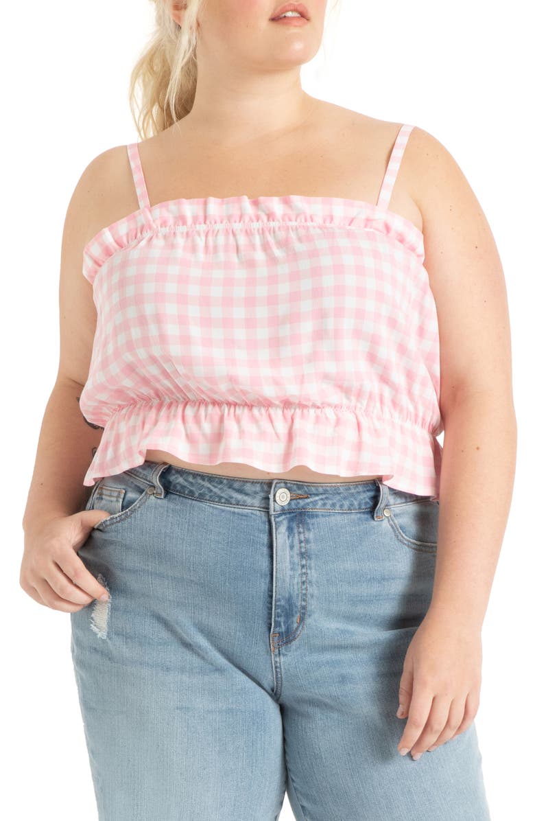 ELOQUII Ruffle Gingham Crop Top, Main, color,