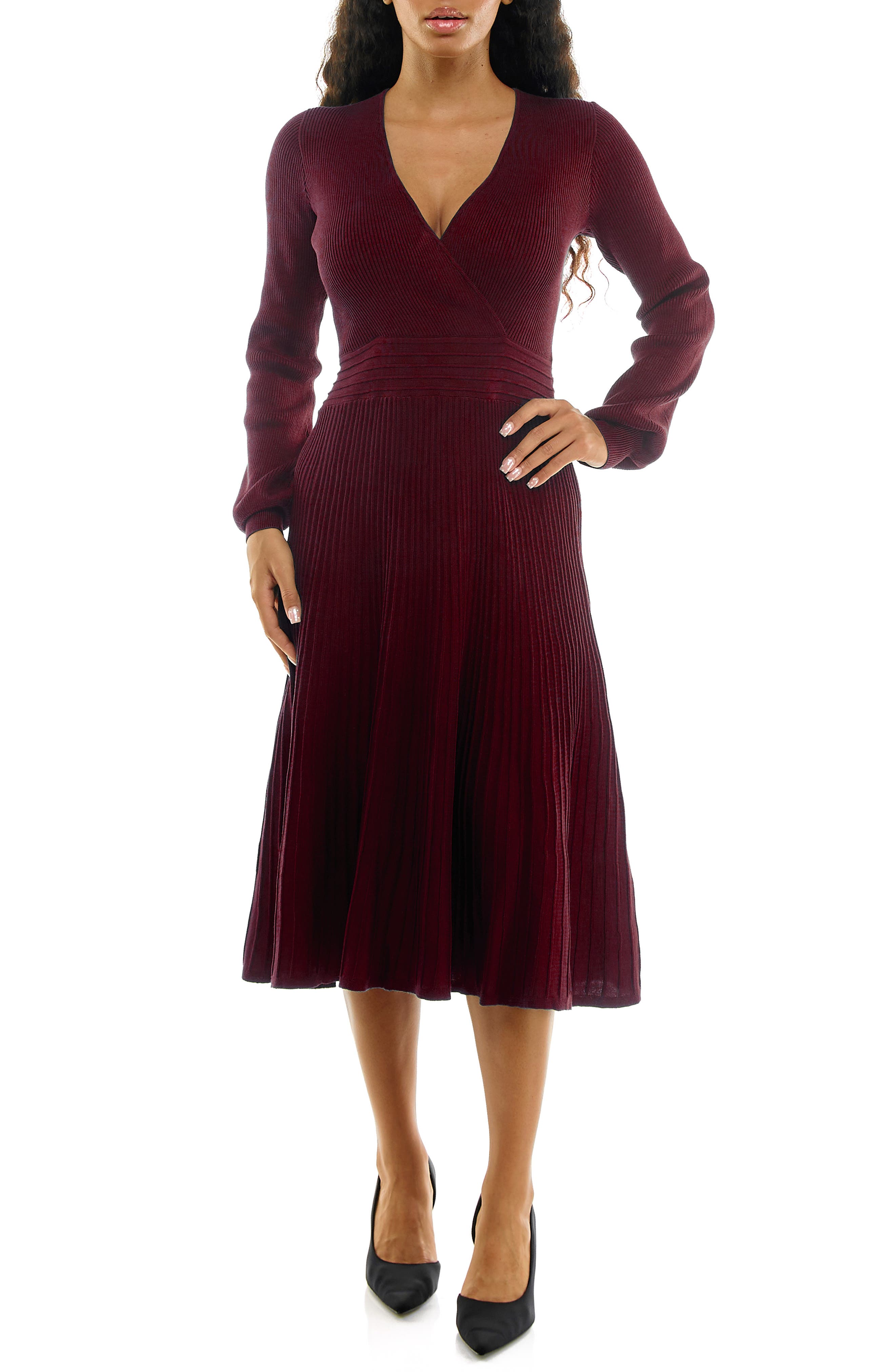 Nina Leonard Long Sleeve Ribbed Fit & Flare Sweater Dress