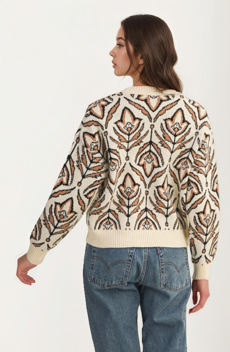 Knit and Lounge Crew Neck Abstract Floral Sweater, Alternate, color, Cream / Brown / Black