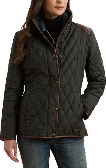 特別価格！ RALPH LAUREN Faux Leather Trim Quilted Coat Ralph Lauren Diamond Quilted Jacket Faux Leather Trim Brown