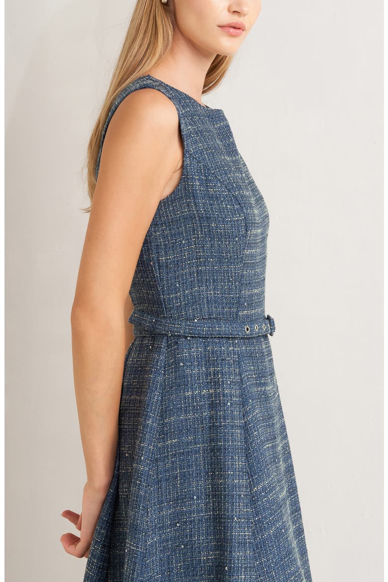 Sequin Belted Tweed Midi Dress, Alternate, color, LIGHT NAVY