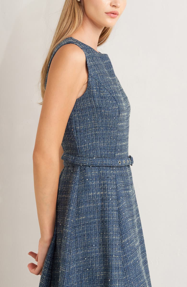 FREEMARKET Sequin Belted Tweed Midi Dress, Alternate, color, Light Navy