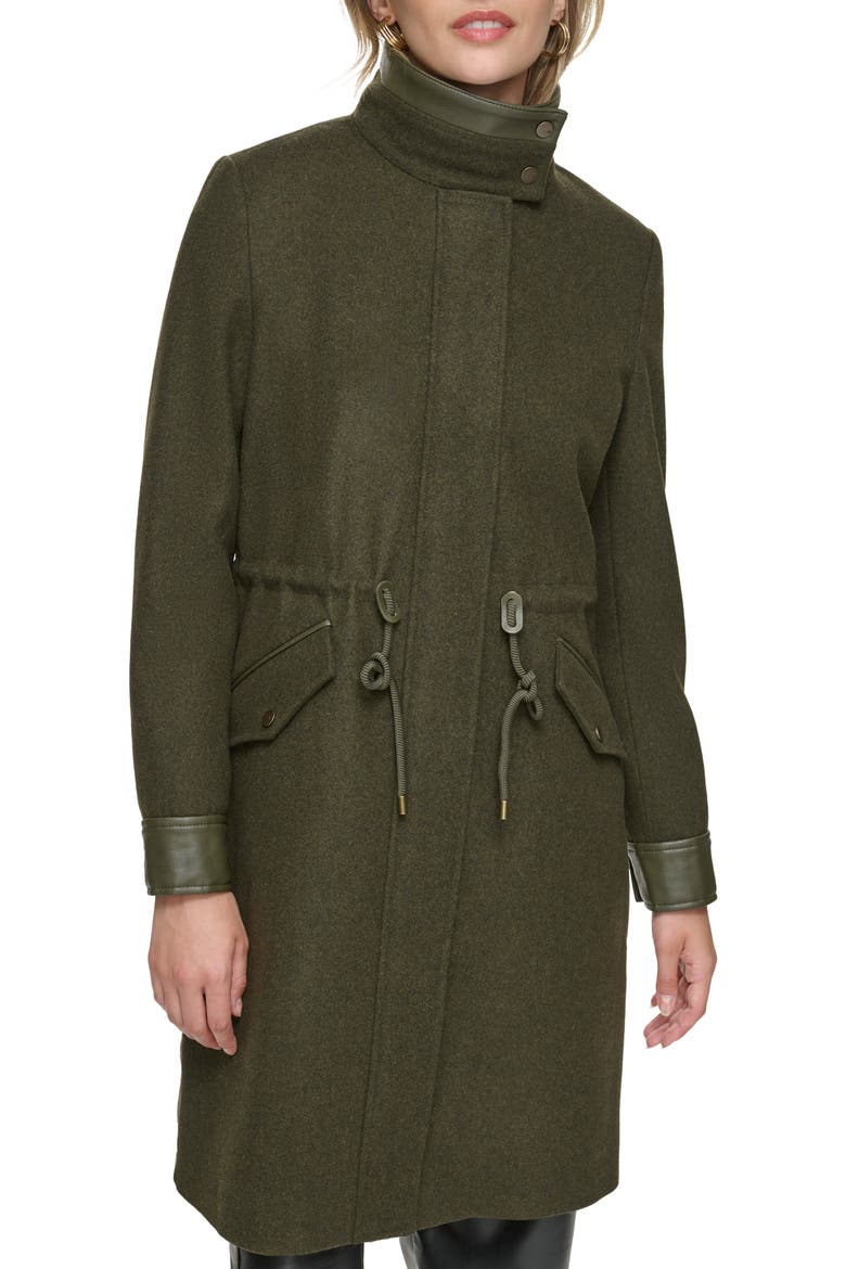 Feather Leather Trim Wool Blend Coat, Alternate, color, ARTICHOKE
