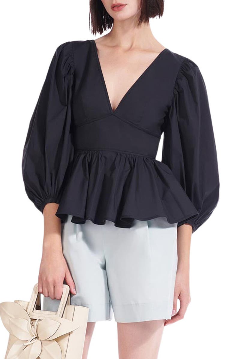 STAUD Luna Balloon Sleeve Peplum Top, Main, color,