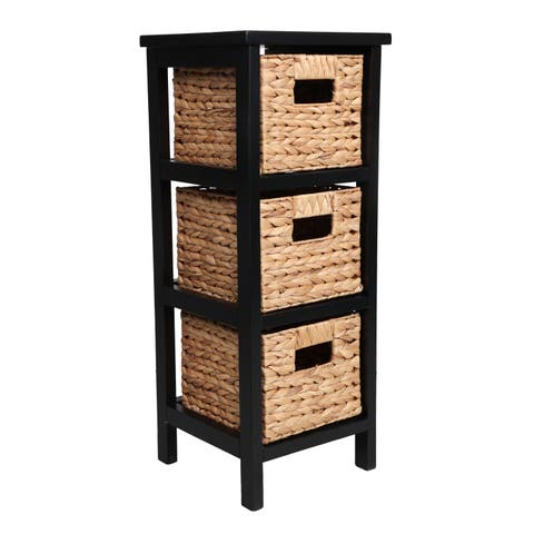 Cohen Coastal Handcrafted Pine Wood 3-Tier Storage Cabinet with 3 Water Hyacinth Woven Baskets