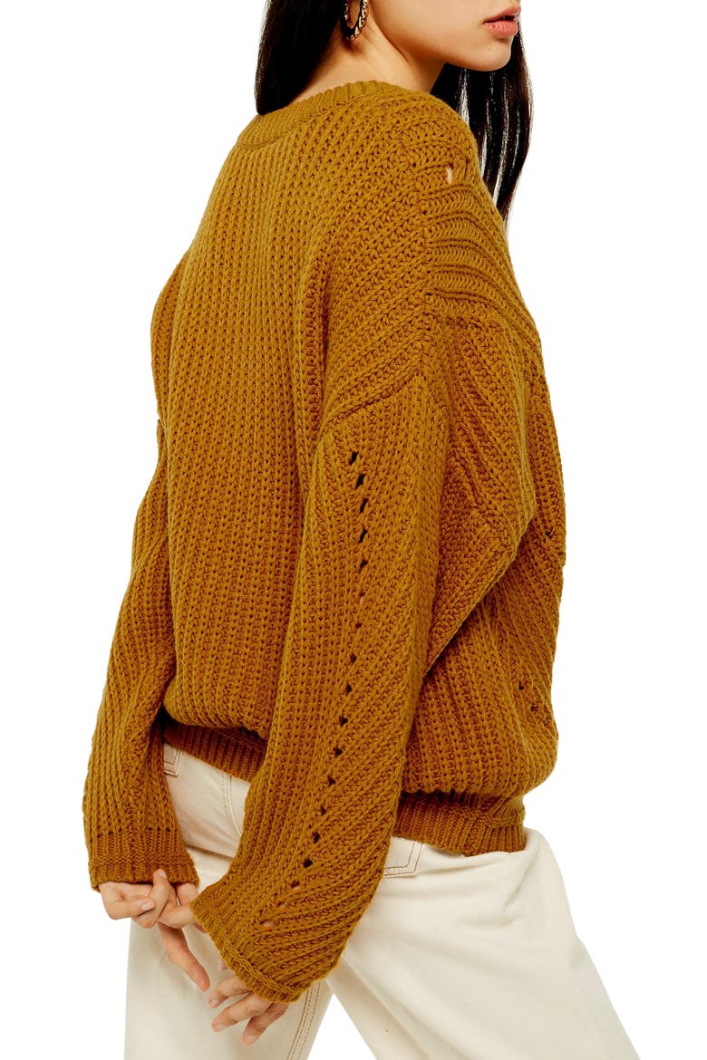 Chunky Pointelle Sweater, Alternate, color, BROWN