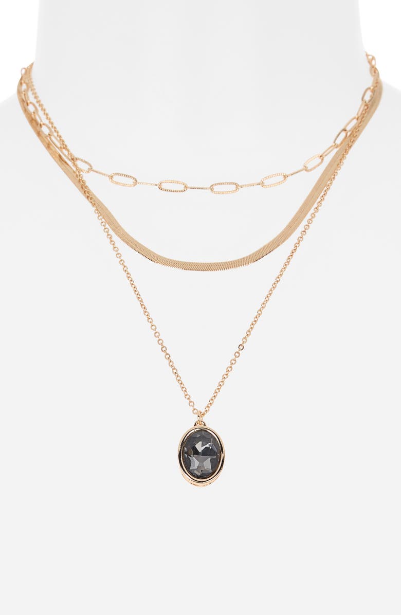 NORDSTROM RACK Oval Crystal Pendant Triple Row Necklace, Alternate, color, Grey- Gold