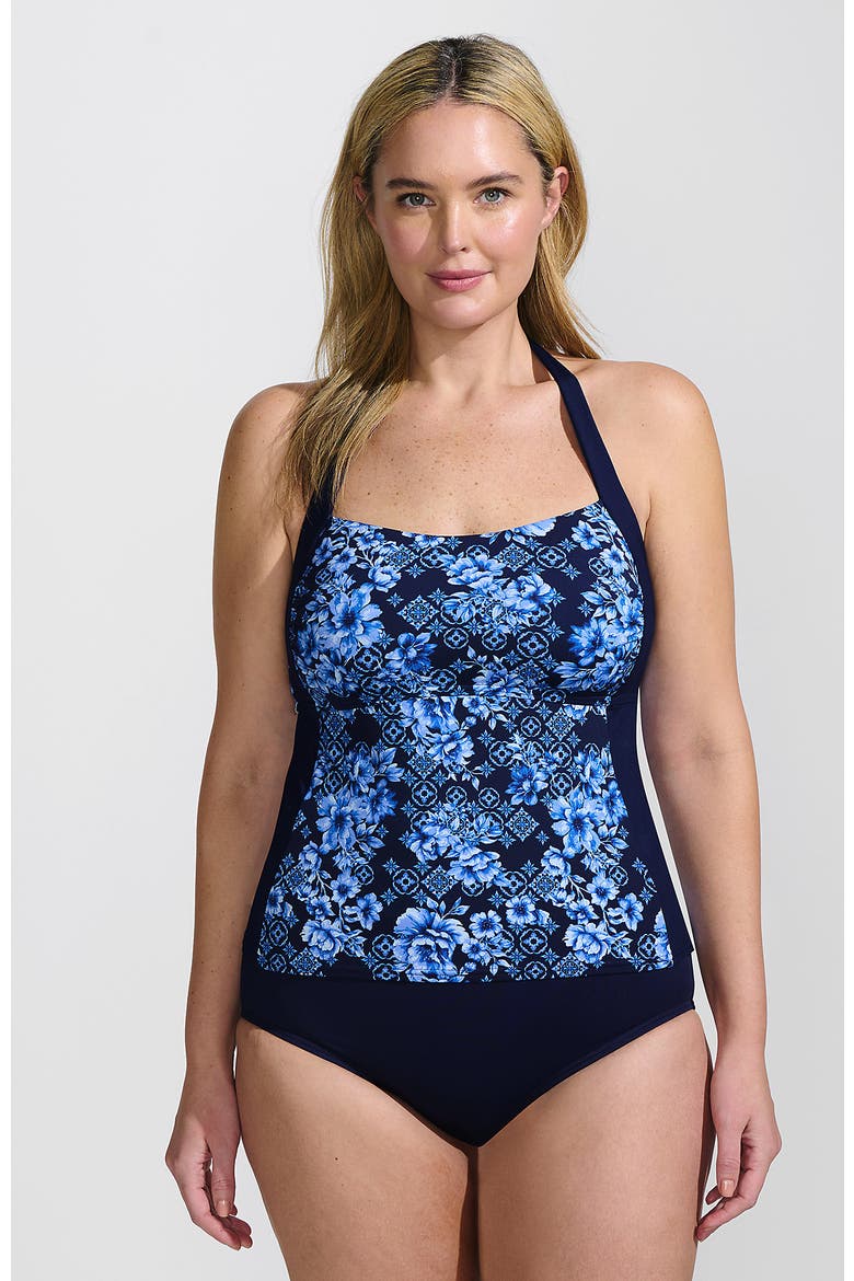Seamed Halter Tankini Top, Main, color, Deep Sea Navy Mosaic Floral