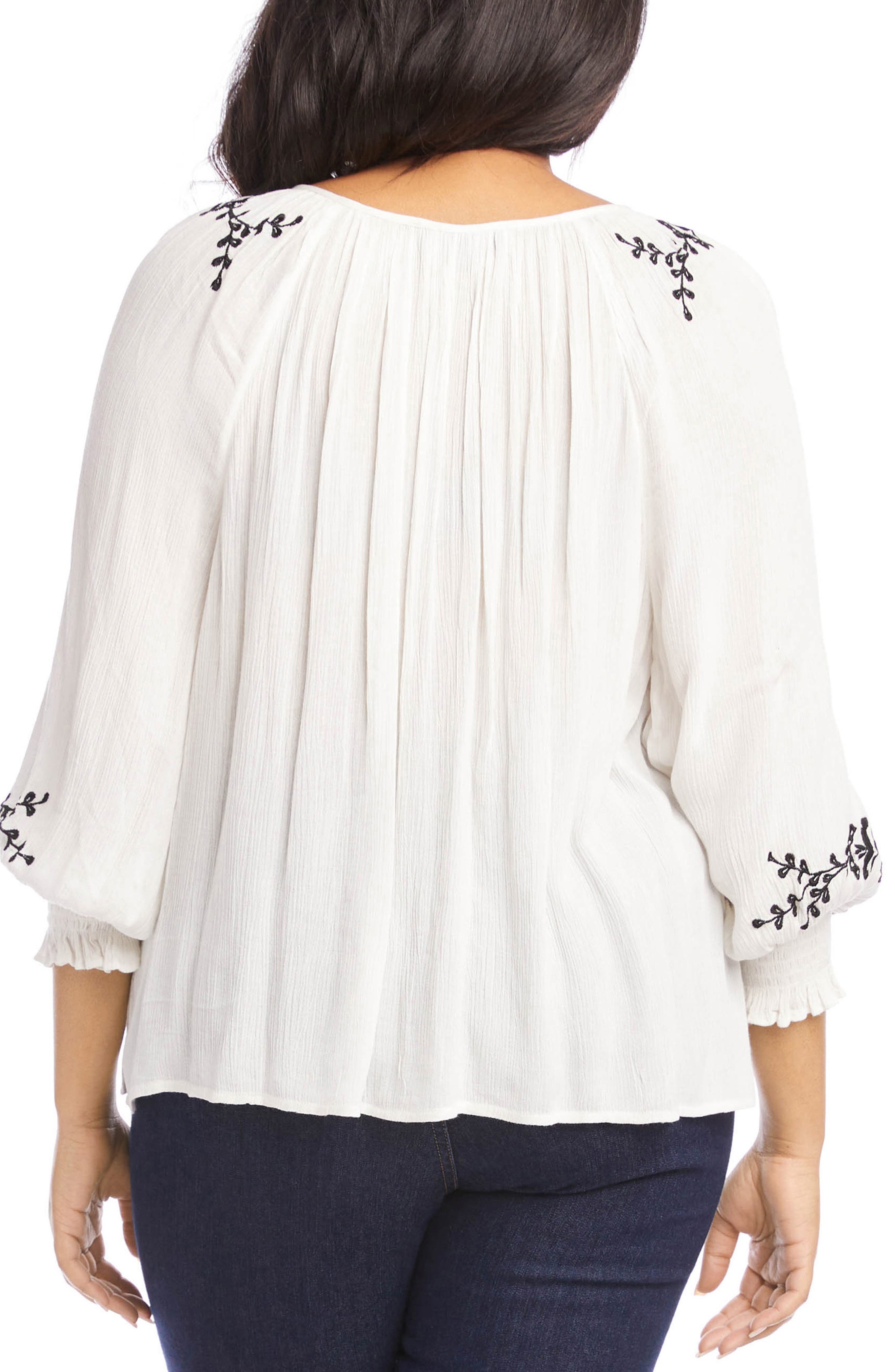 Embroidered Tie Neck Button-Up Peasant Top - image 2