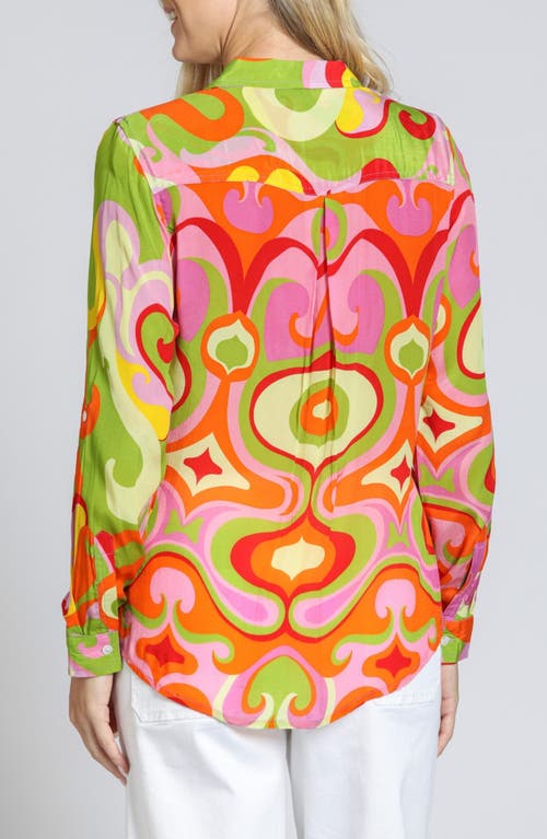 Apny Print Roll Tab Sleeve Button-up Shirt In Green Multi