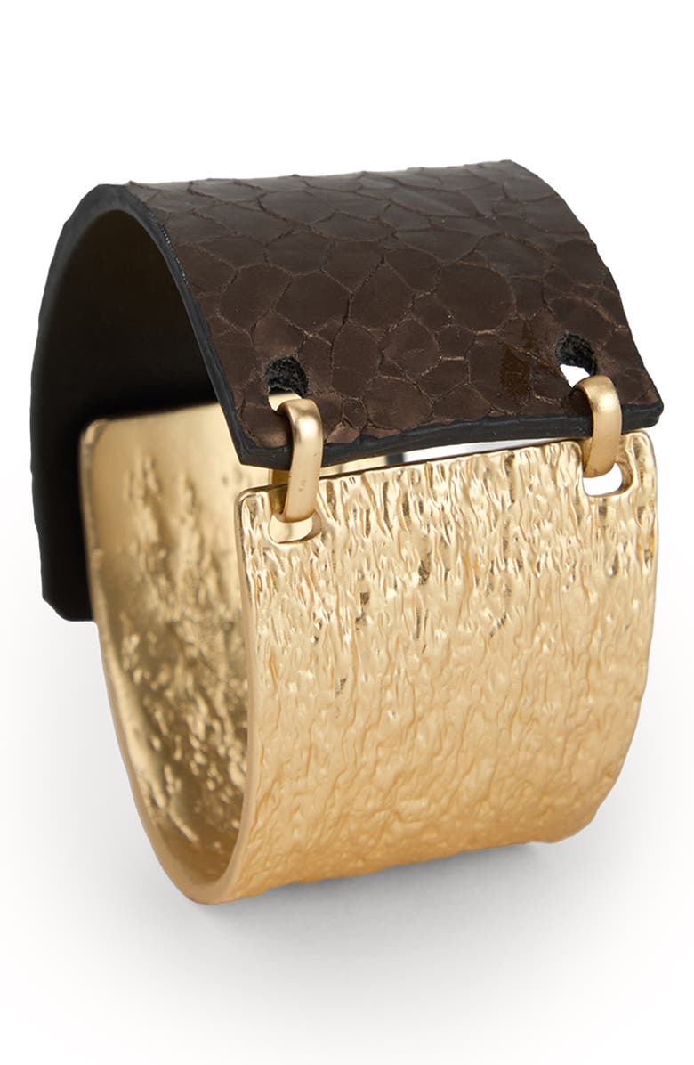 SAACHI Textured Link Faux Leather Cuff Bracelet, Main, color, Gold/Brown