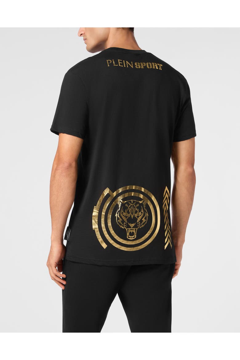 Cotton T-Shirt Round Neck Ss Lamina Tiger Men, Alternate, color, black/lightgold