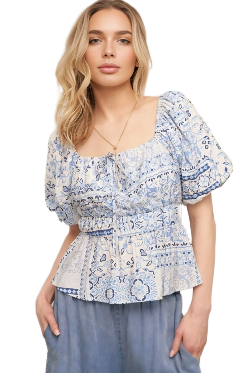 Knit and Lounge Boho Puff Sleeve Tie Front Smocked Waist Peasant Top, Alternate, color, Blue Patchwork