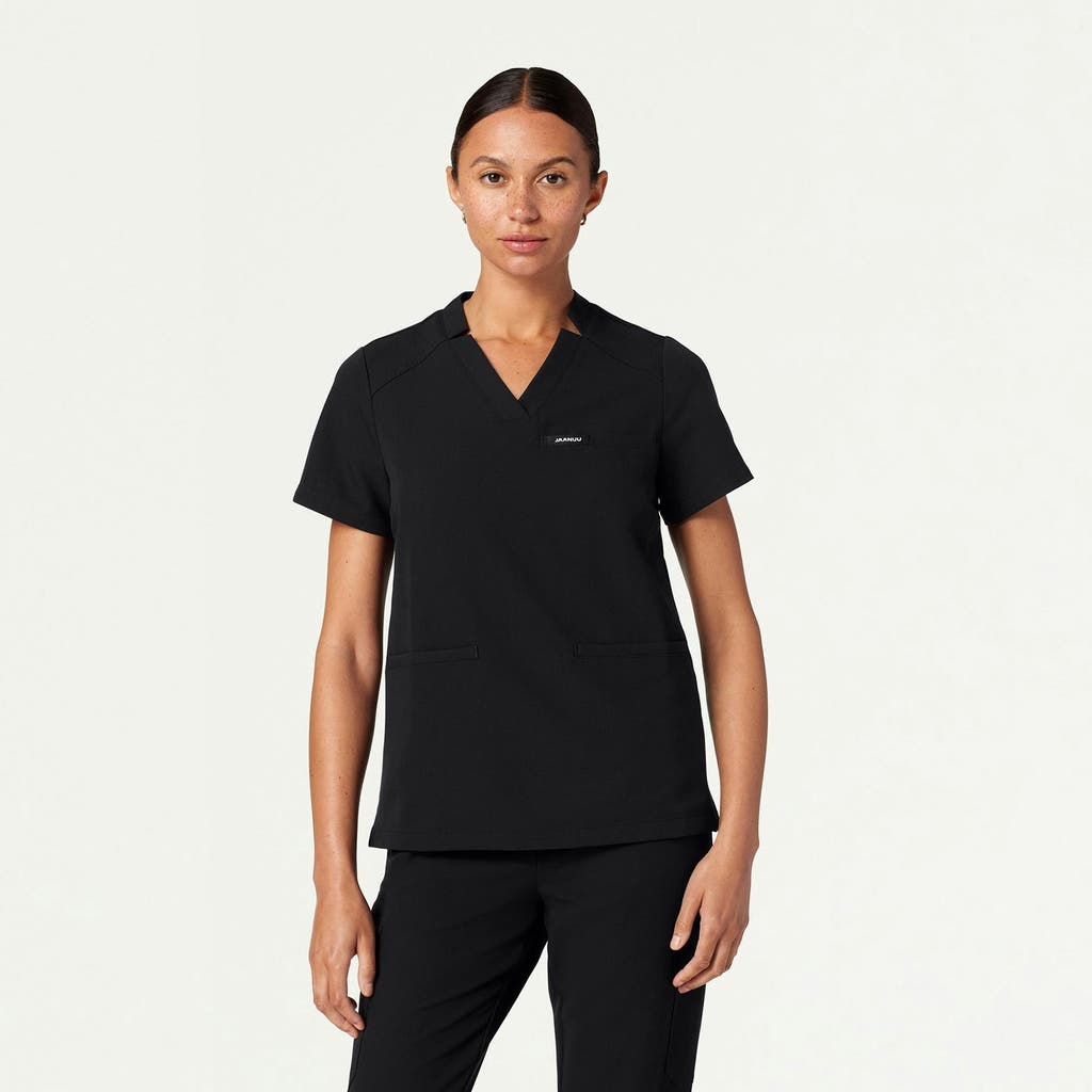Jaanuu 3-pocket Classic Notched V-neck Scrub Top In Black