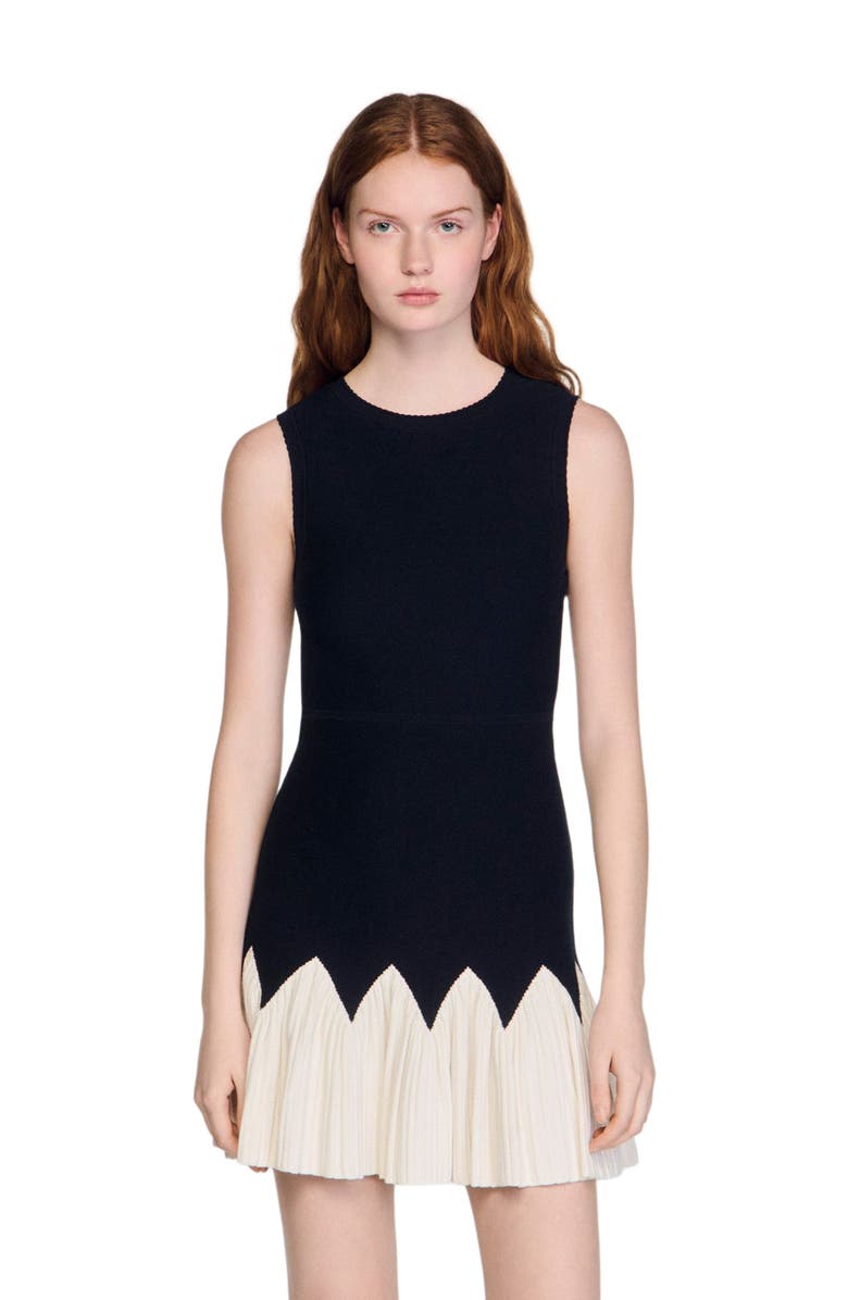 SANDRO Two-tone short knit dress, Alternate, color, Black / Ecru