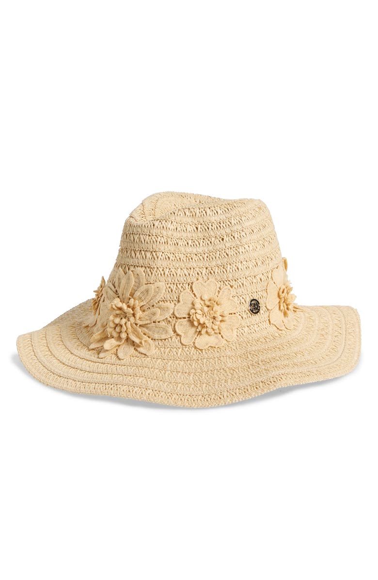 Steve Madden Embroidered Flower Straw Panama Hat, Main, color, Natural