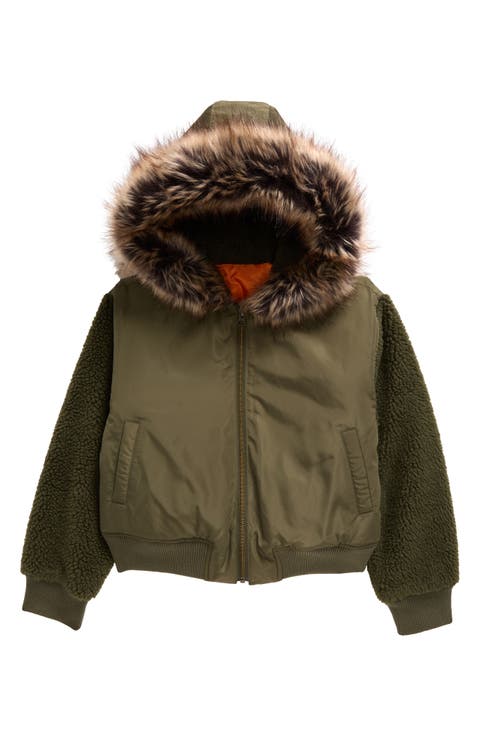 Kids' Mixed Media Hooded Bomber Jacket