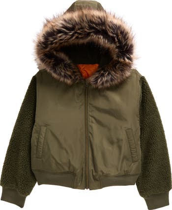 Kids' Mixed Media Hooded Bomber Jacket