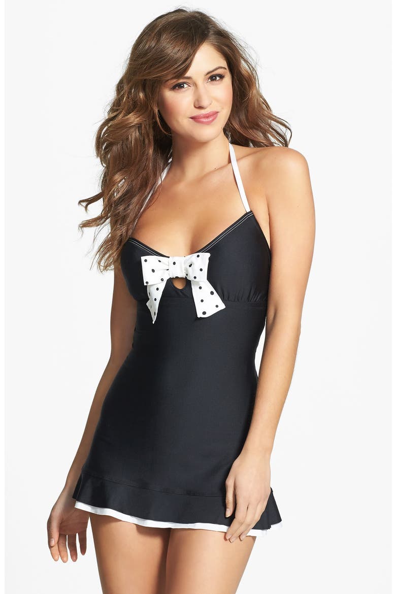 'Galaxy Dot' Bow Halter Swimdress, Main, color, BLACK