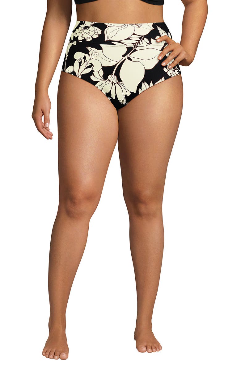 Lands' End Chlorine Resistant Pinchless High Waisted Bikini Bottoms, Main, color, Black/Egret Lilies