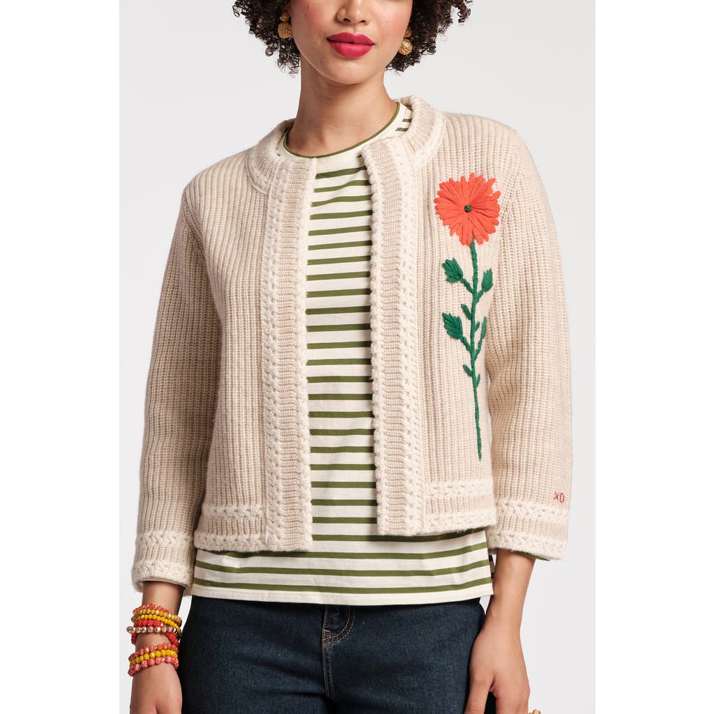 Frances Valentine Border Flower Cardigan Floral Embroidery Wool/Cashmere in Natural/orange/green