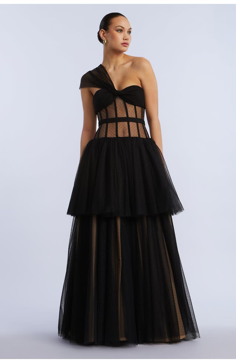 BCBGMAXAZRIA Dot Tulle Gown, Main, color, Black