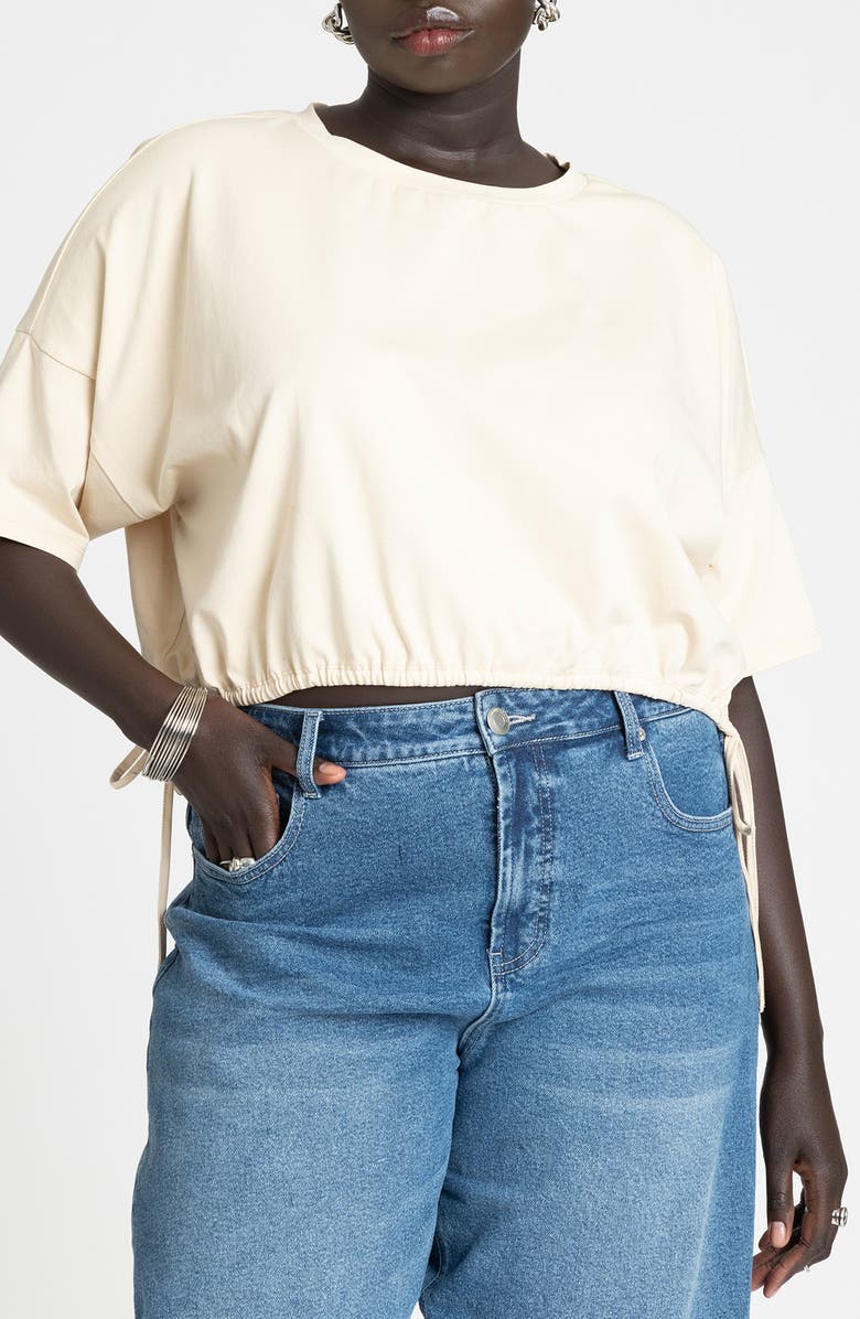 ELOQUII Drawstring Waist Crop Stretch Cotton T-Shirt, Main, color, 