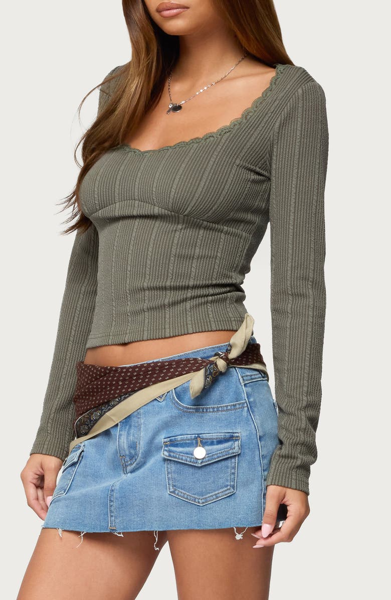 EDIKTED Beatrix Lace Trim Rib Long Sleeve Top, Alternate, color,