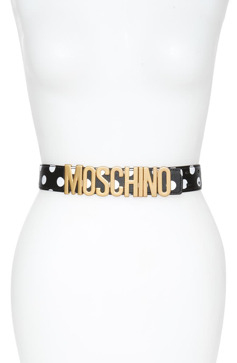 Moschino Logo Plate Polka Dot Saffiano Leather Belt, Main, color, 