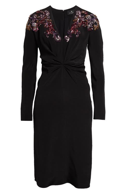 Etro Embellished Long Sleeve Silk Crepon Midi Dress In Black