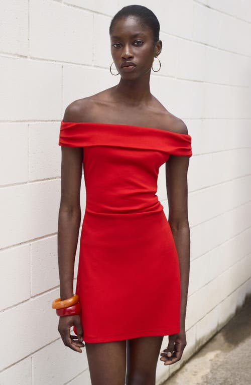 Mango Cotton Off The Shoulder Ruched Side Mini Dress In Red