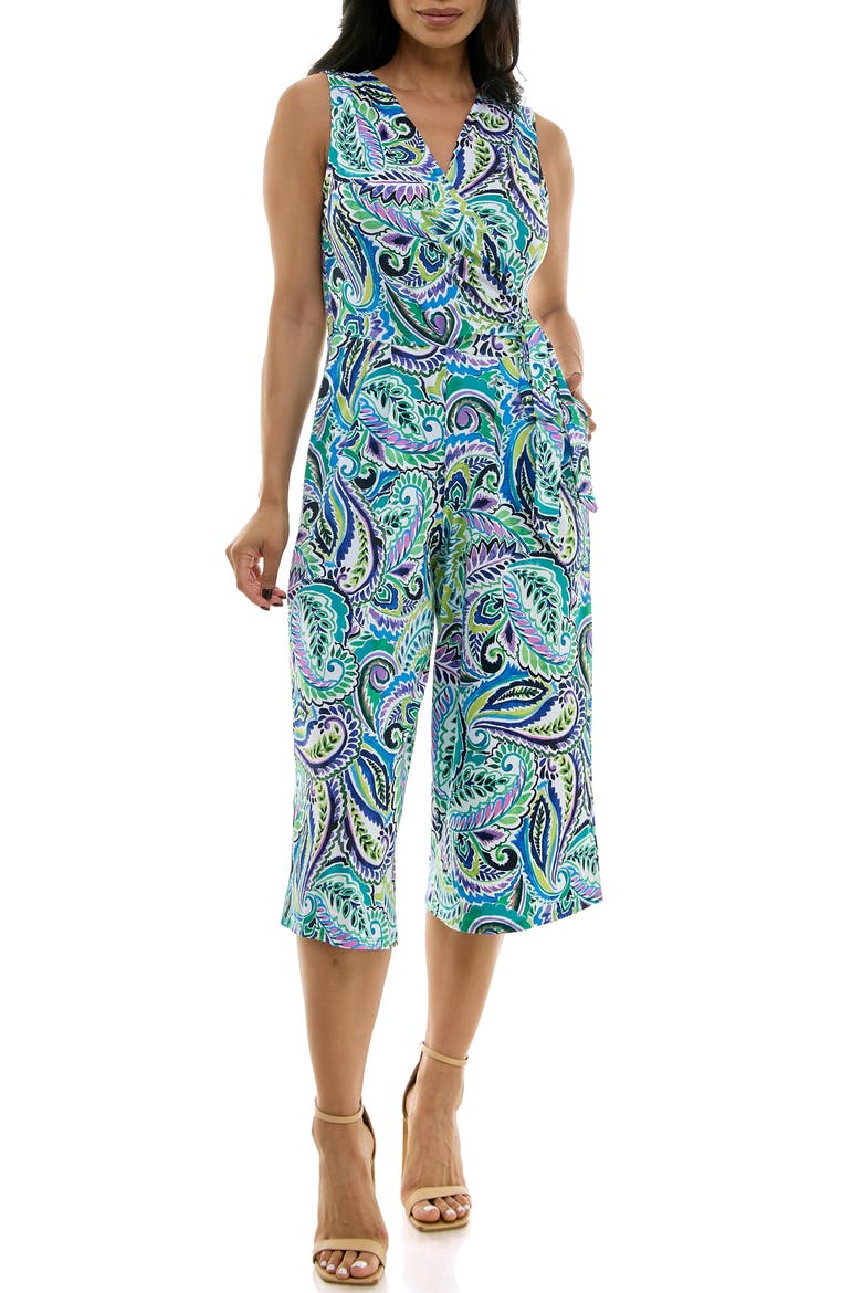 Surplice Culotte Crop Jumpsuit, Main, color, GREEN MULTI