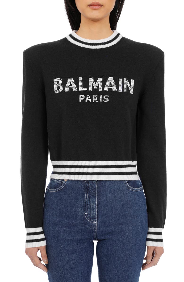 Balmain Intarsia Logo Wool & Cashmere Blend Crop Sweater, Main, color,