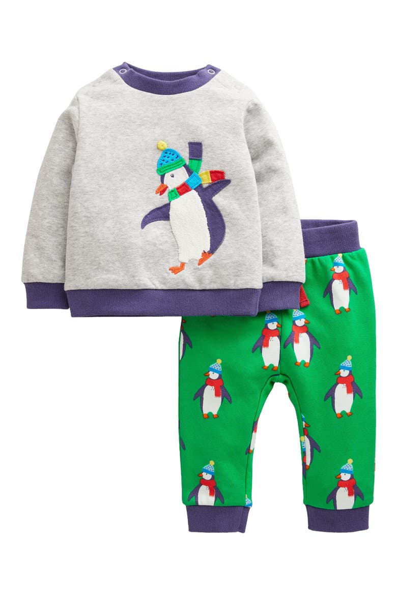 Penguin Appliqué Cotton Sweatshirt & Sweatpants Set, Main, color, GREEN PENGUINS